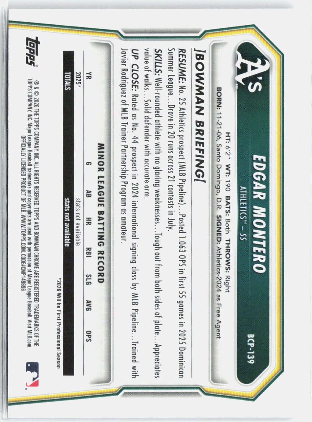 2026 Bowman Chrome Edgar Montero #BCP-139 Mojo Refractor