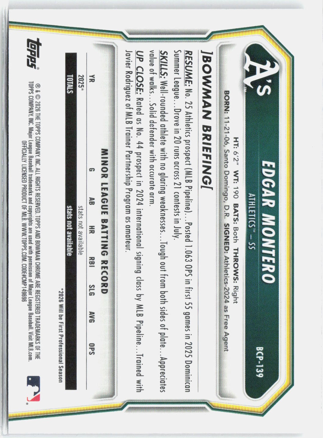 2026 Bowman Chrome Edgar Montero #BCP-139 Mojo Refractor