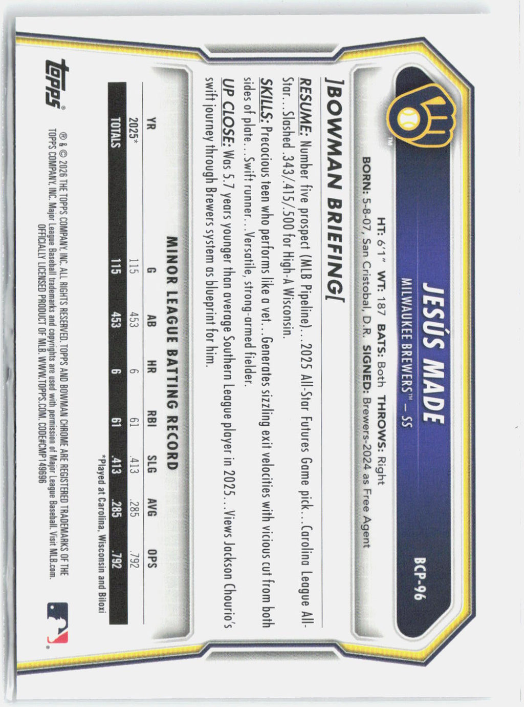 2026 Bowman Jesus Made #BCP-96 Mojo Refractor