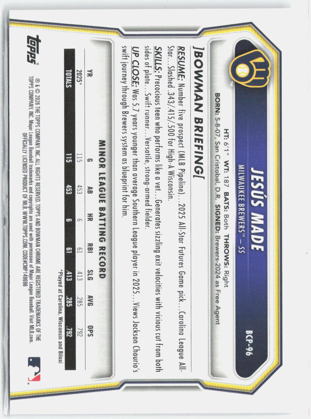 2026 Bowman Jesus Made #BCP-96 Mojo Refractor