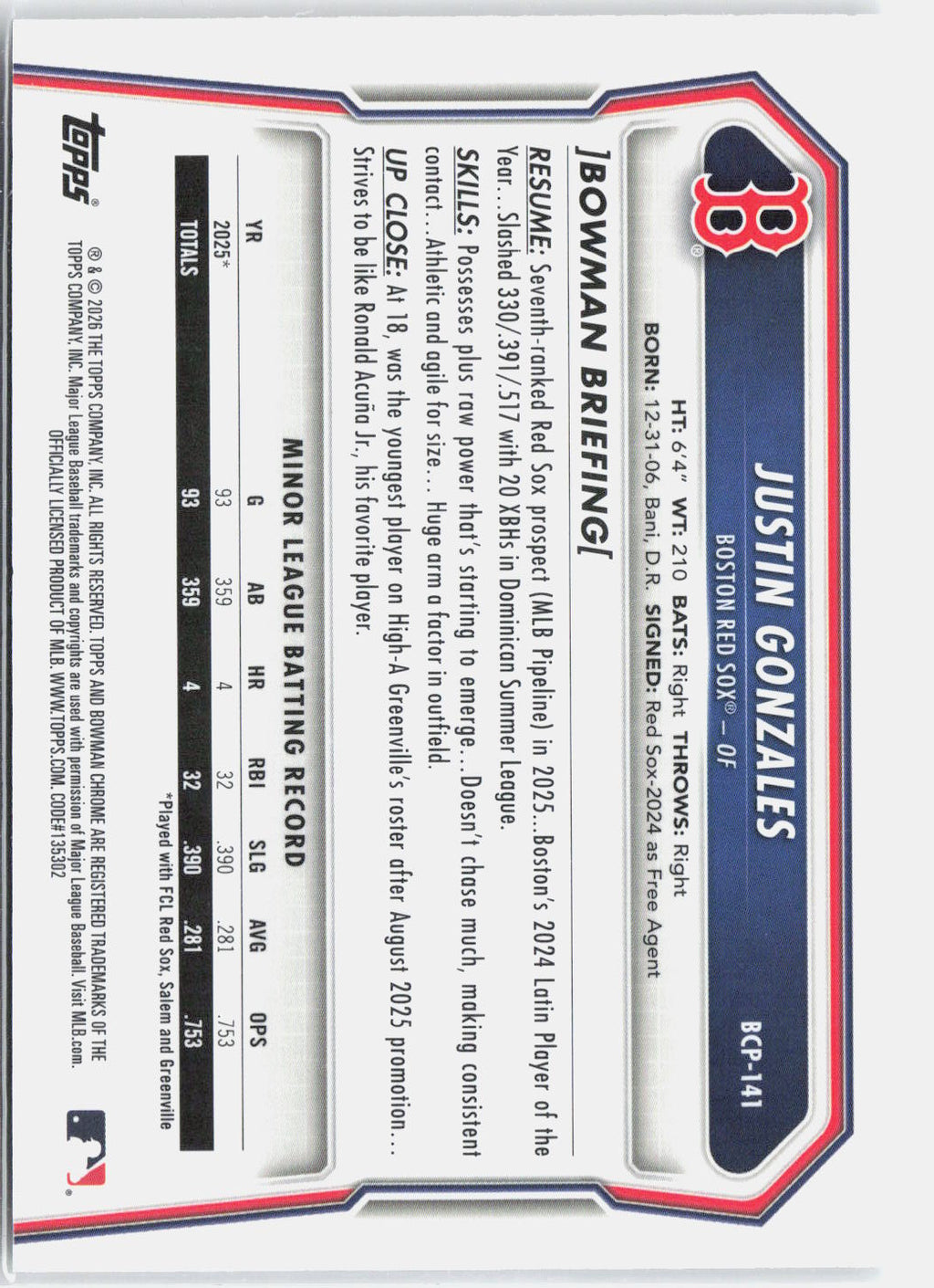 2026 Bowman Chrome Justin Gonzales #BCP-141 Lazer Refractor