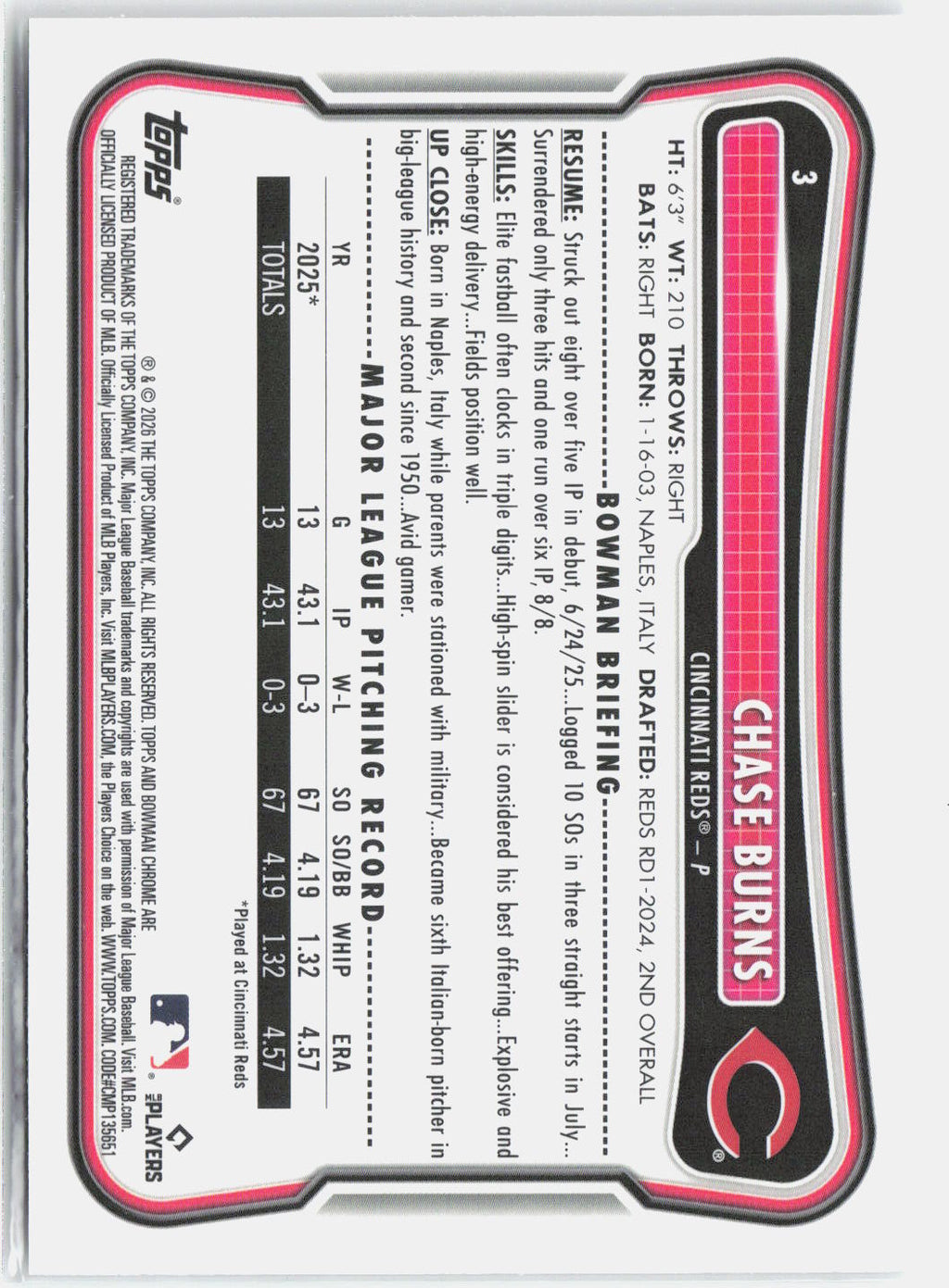 2026 Bowman Chase Burns #3 Mojo Refractor Rookie