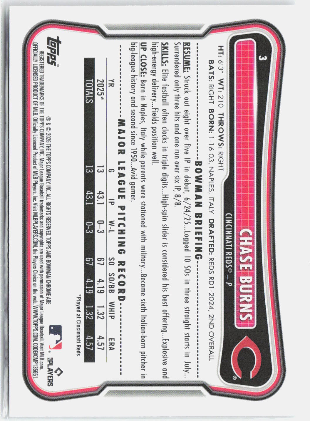 2026 Bowman Chase Burns #3 Mojo Refractor Rookie