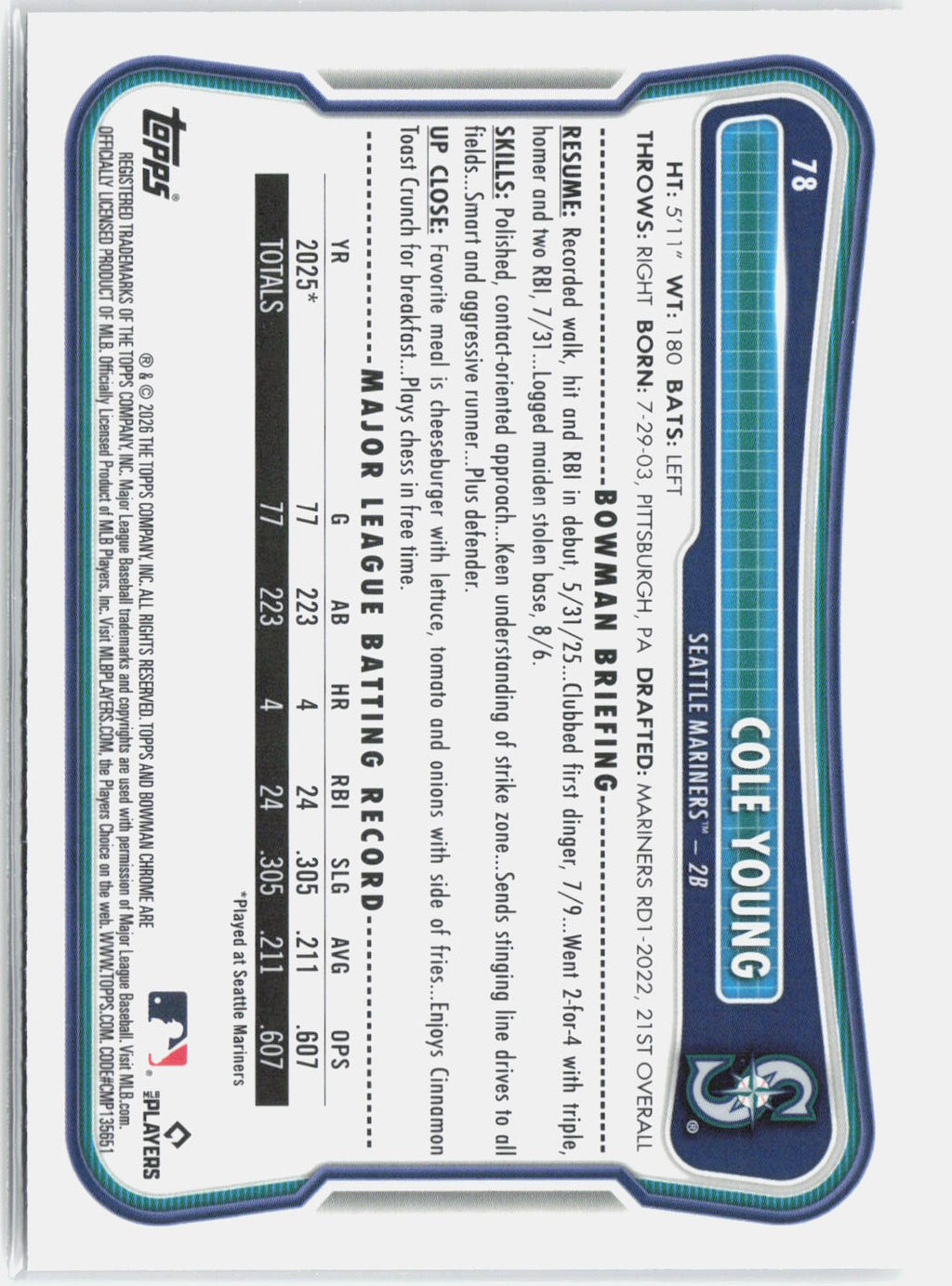 2026 Bowman Chrome Cole Young #78 Mojo Refractor Rookie