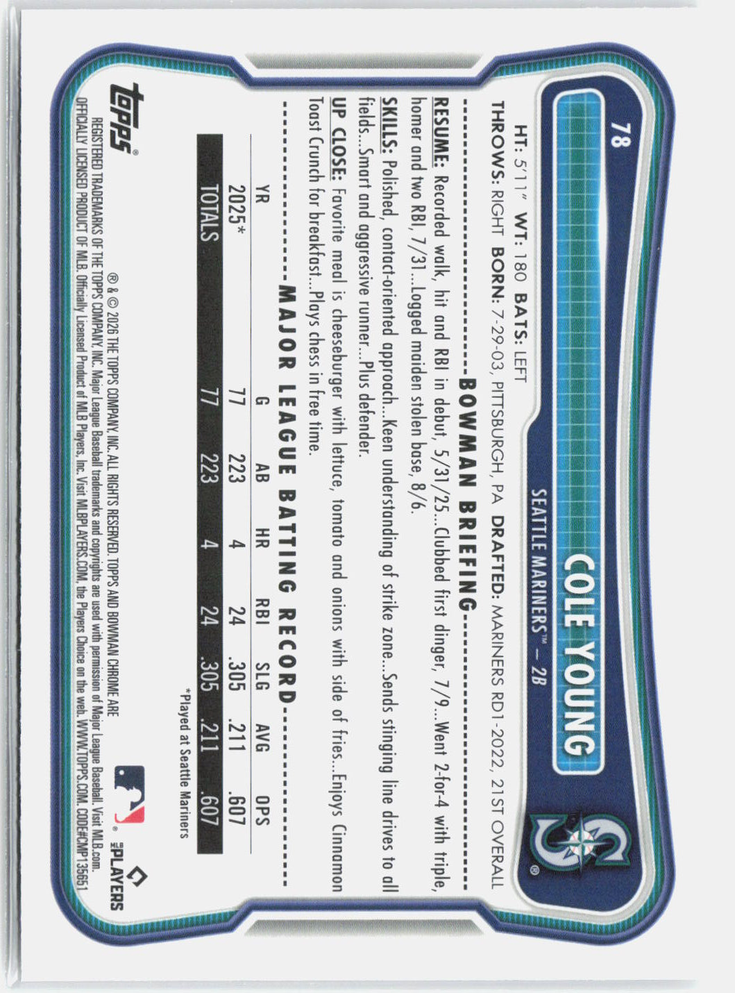 2026 Bowman Chrome Cole Young #78 Mojo Refractor Rookie