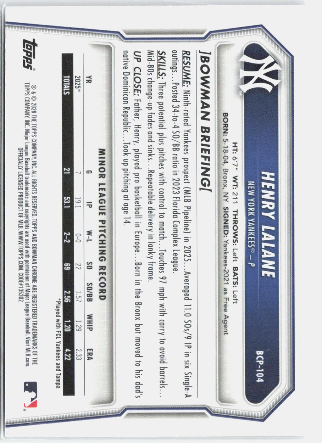 2026 Bowman Chrome Henry Lalane #BCP-104 Lazer Refractor