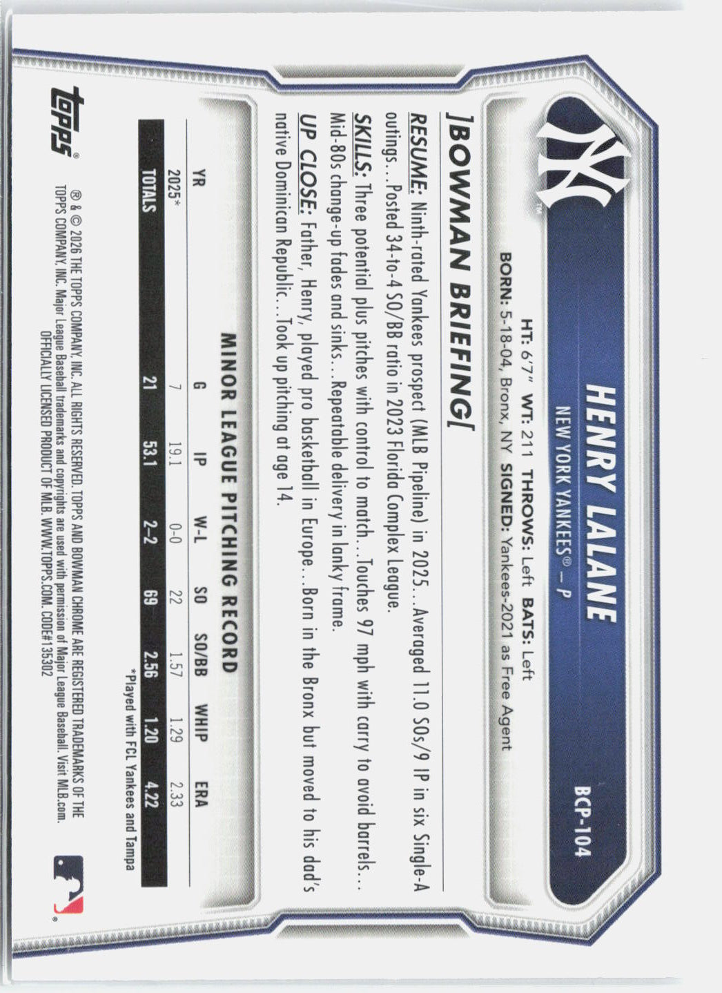 2026 Bowman Chrome Henry Lalane #BCP-104 Lazer Refractor