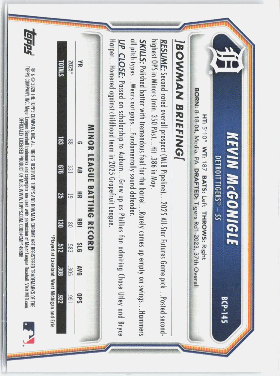 2026 Bowman Chrome Kevin McGonigle #BCP-145 Mojo Refractor