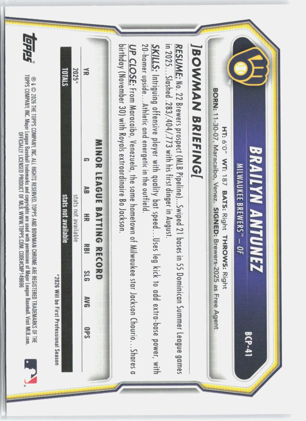 2026 Bowman Brailyn Antunez BCP-41 Mojo Refractor