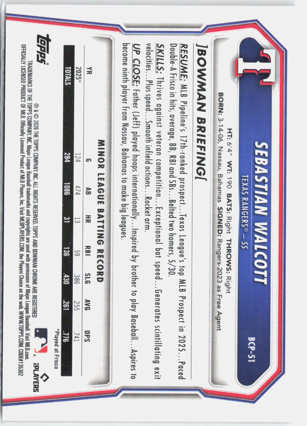 2026 Bowman Chrome Sebastian Walcott #BCP-51 Reptilian Refractor