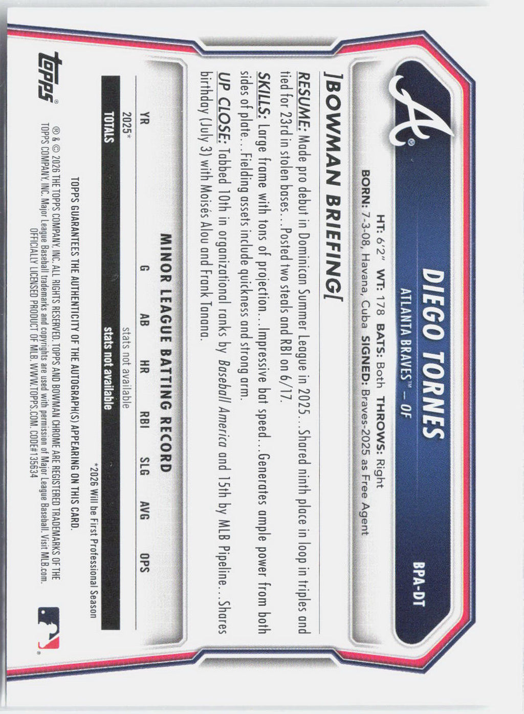 2026 Bowman Diego Tornes #BPA-DT Auto
