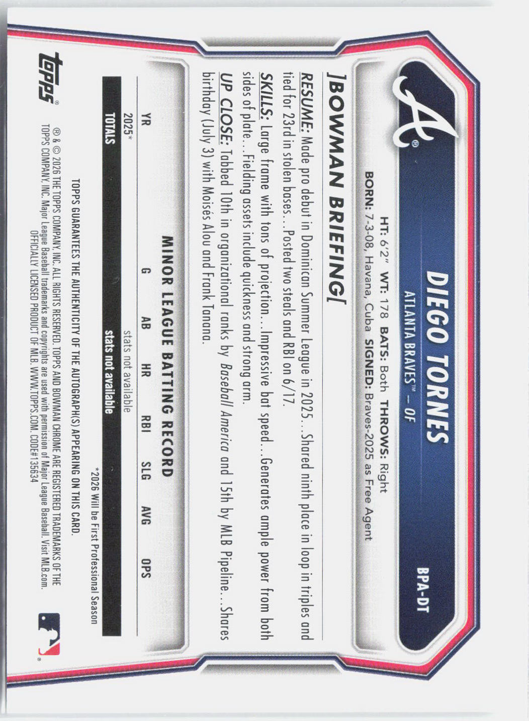2026 Bowman Diego Tornes #BPA-DT Auto