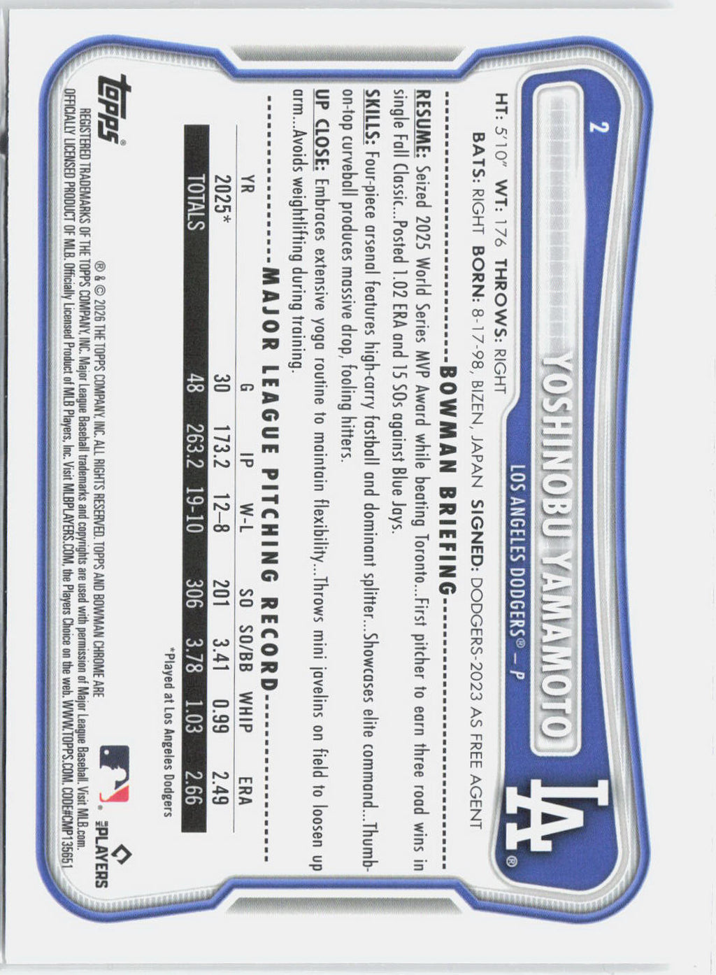 2026 Bowman Chrome Yoshinobu Yamamoto #2 Mojo Refractors