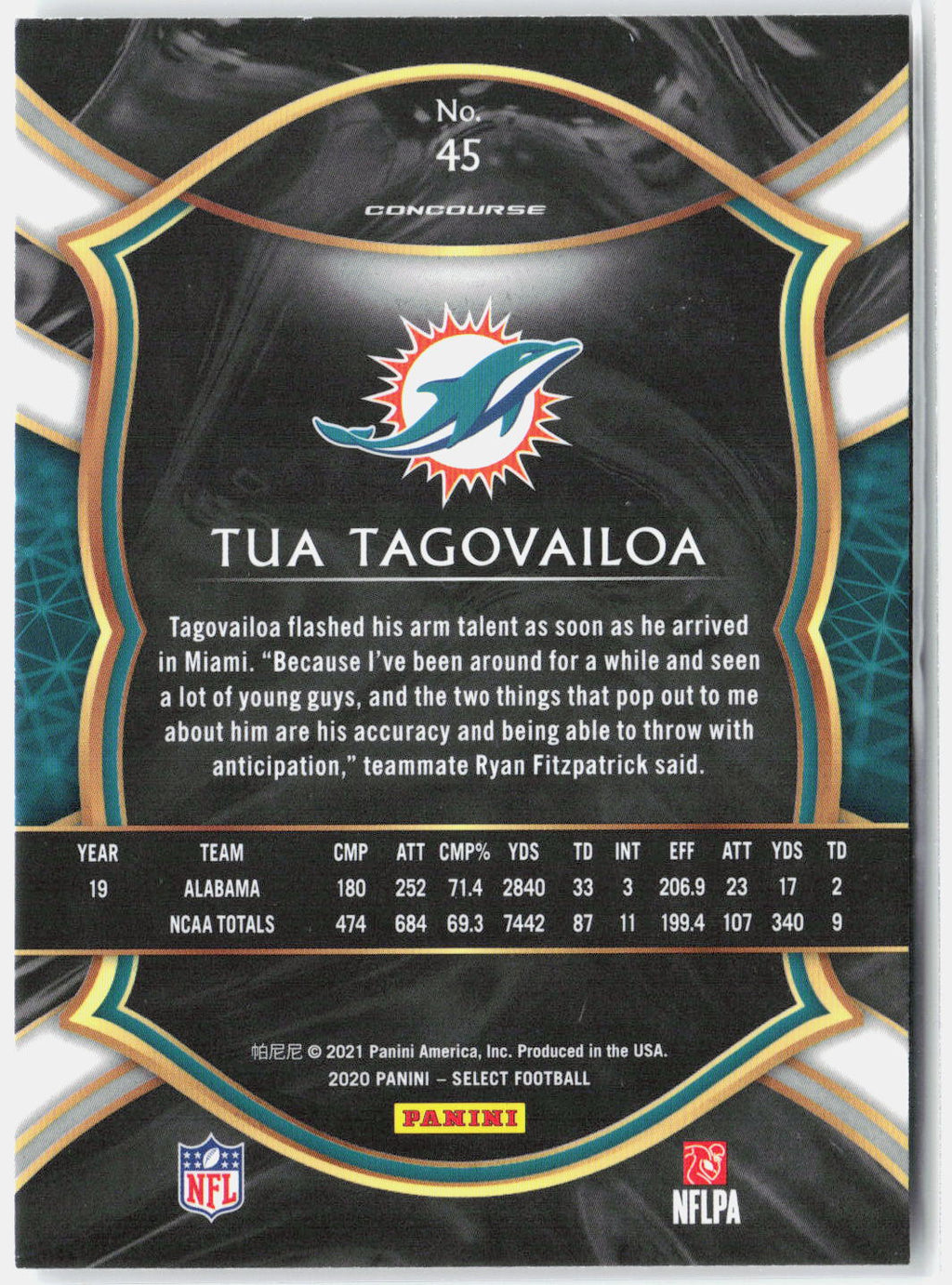 2020 Panini Select Tua Tagovailoa #45 Concourse Rookie