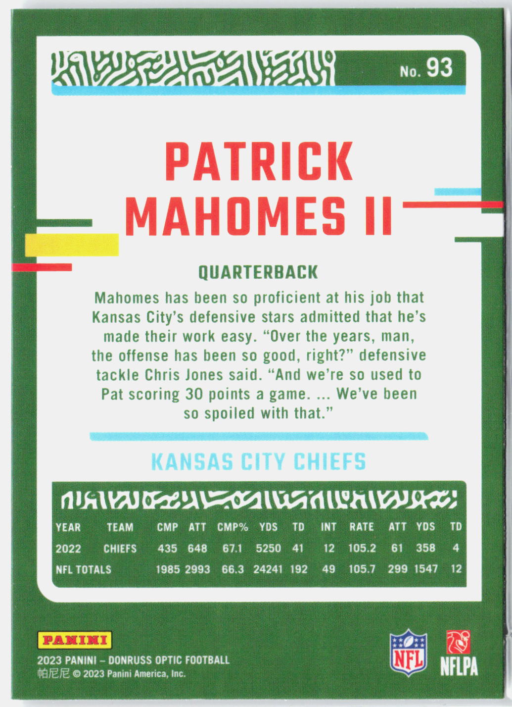 2023 Panini Donruss Optic Patrick Mahomes #93 Base