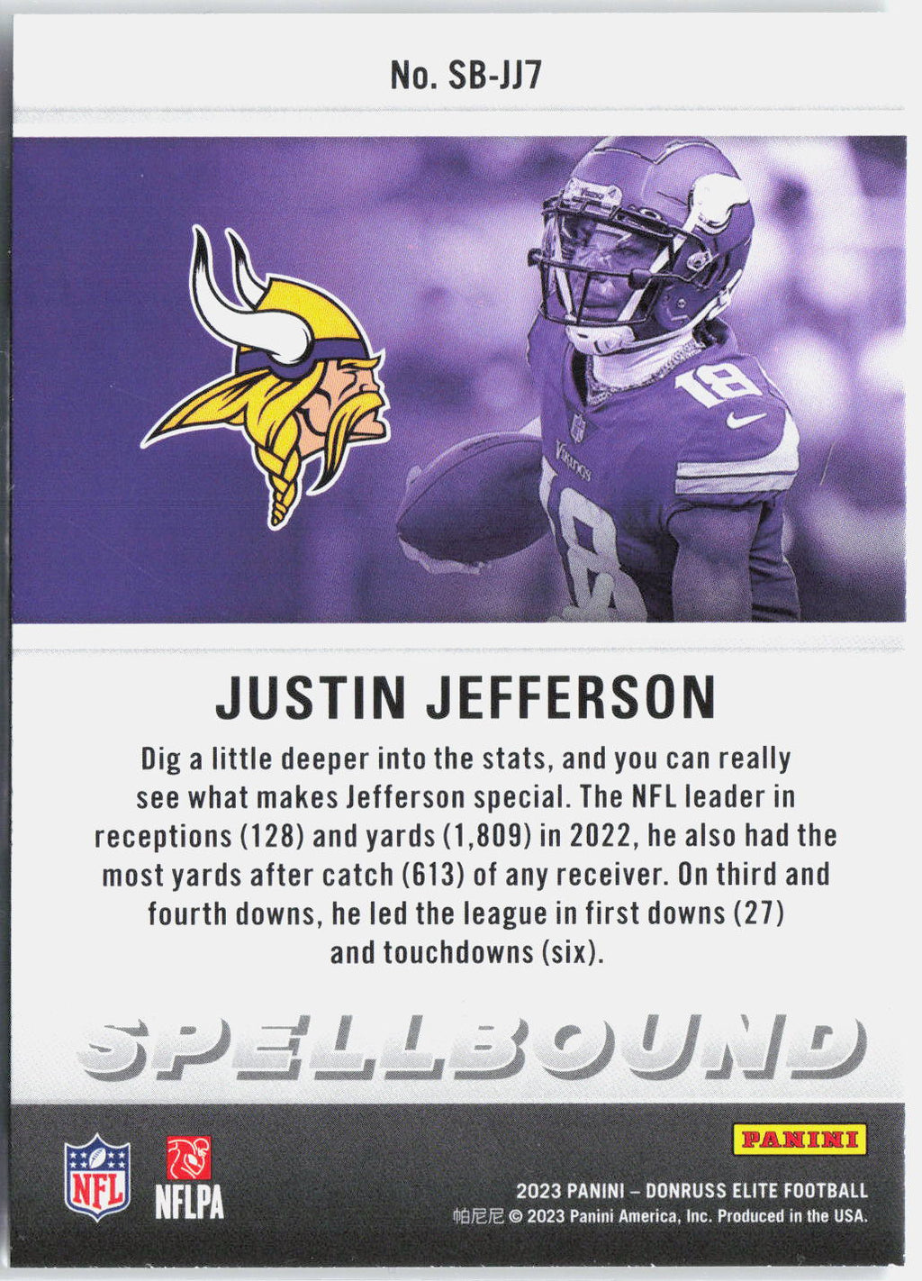2023 Panini Donruss Elite Justin Jefferson #SB-JJ7 Spellbound "S" Green