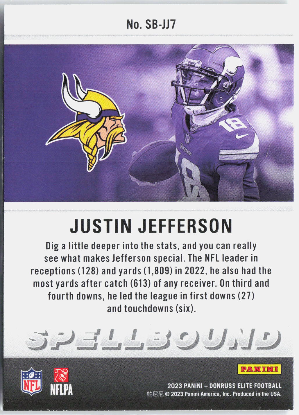 2023 Panini Donruss Elite Justin Jefferson #SB-JJ7 Spellbound "S" Green