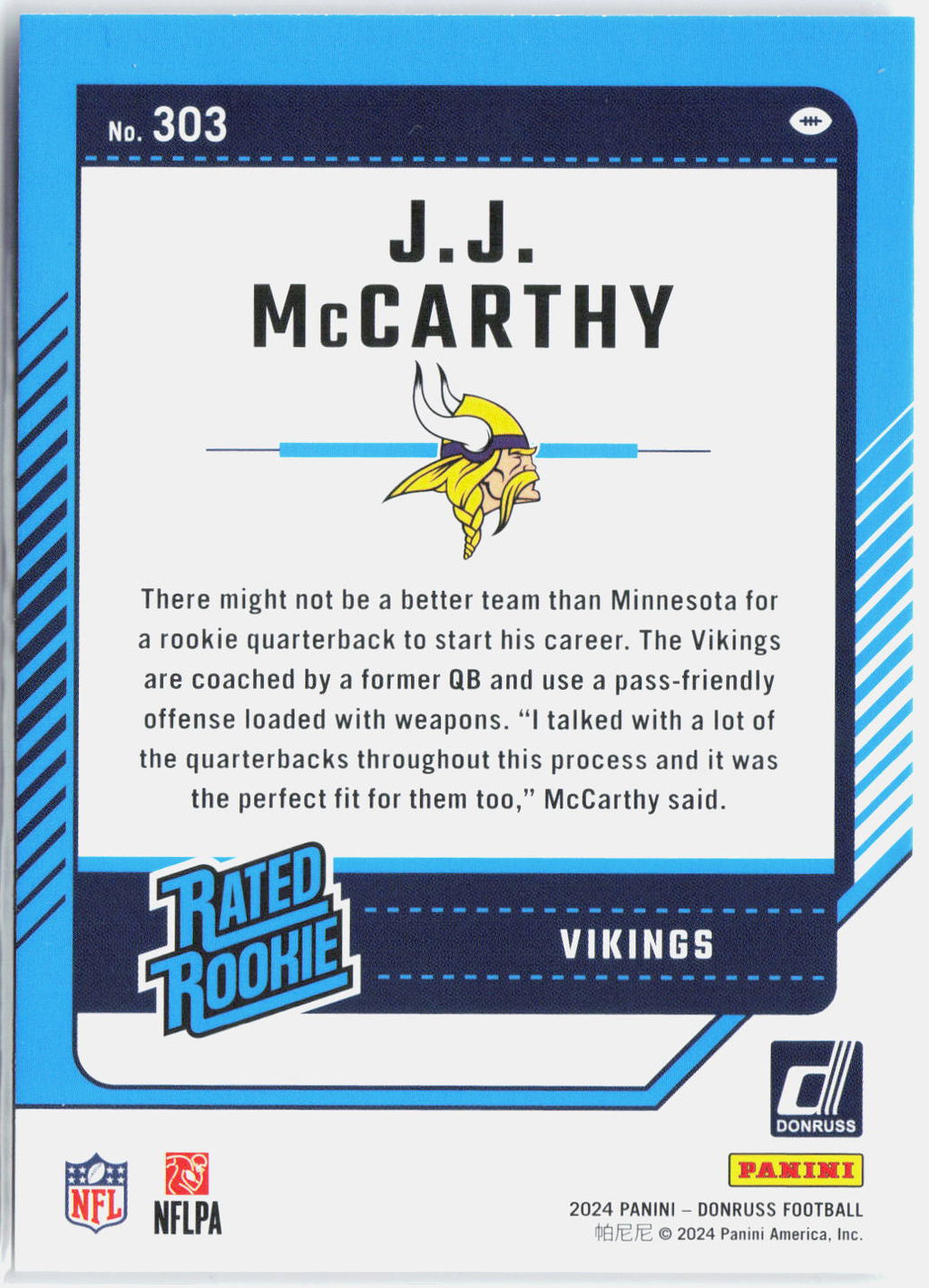 2024 Panini Donruss J.J. McCarthy #303 Base Rookie
