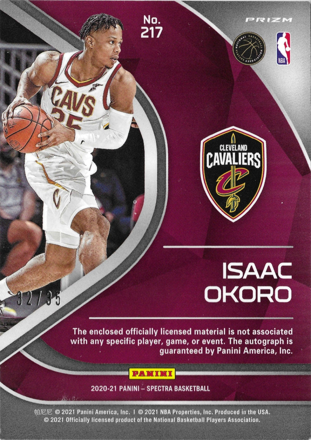2020-21 Panini Spectra Isaac Okoro Interstellar #217 /35 Rookie Auto