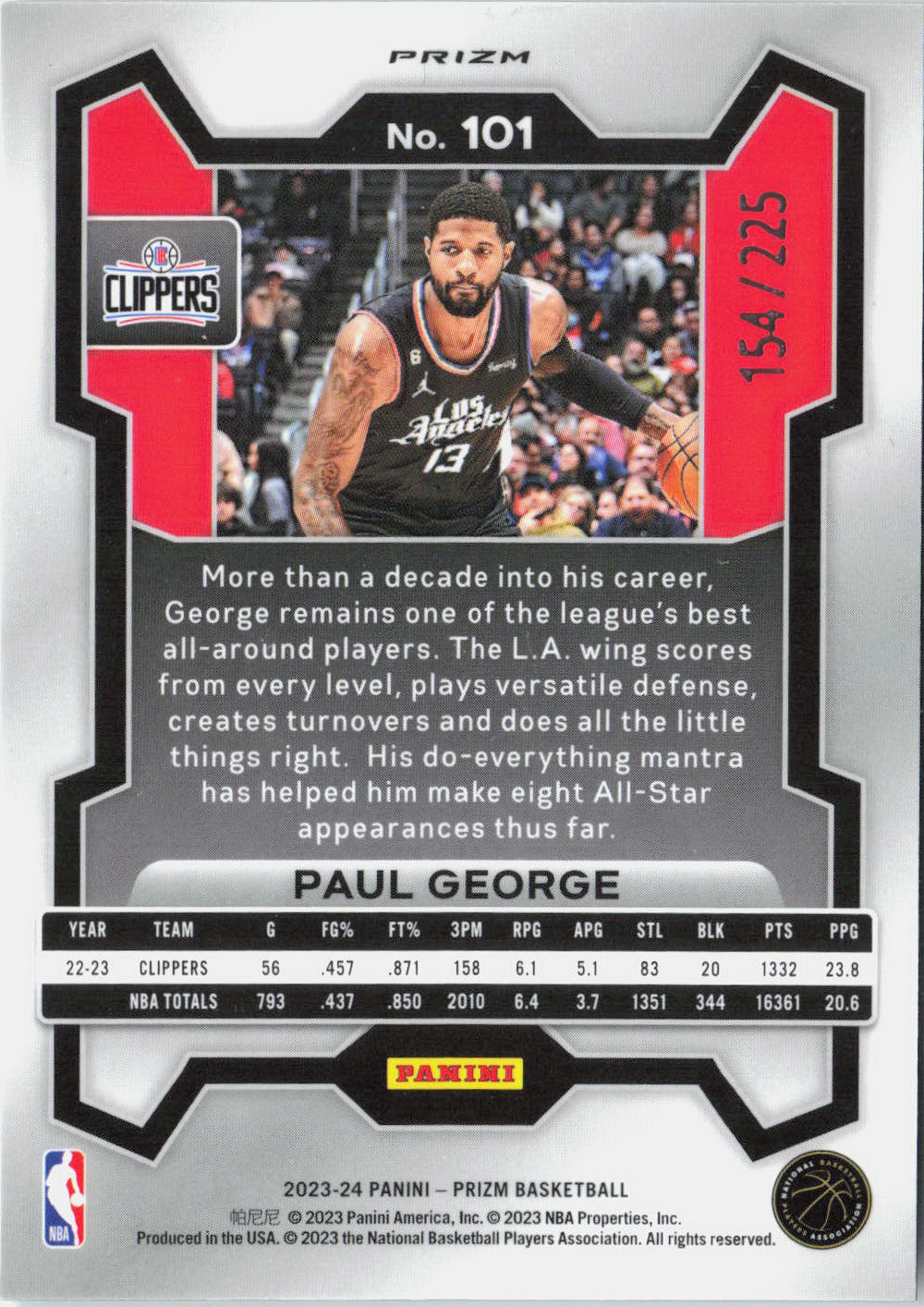 2023-24 Panini Prizm Paul George Teal Cracked Ice #/225