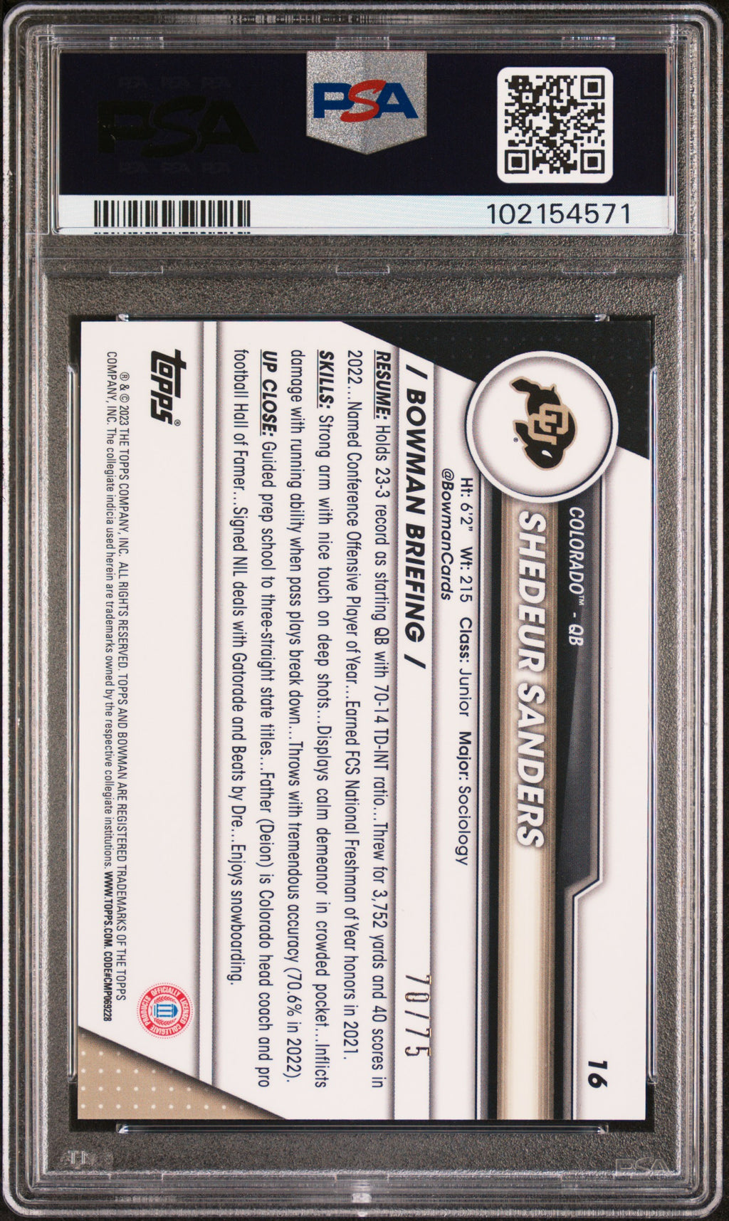 2023 Bowman University Shedeur Sanders Sapphire Chrome Yellow #15 /75 PSA 10