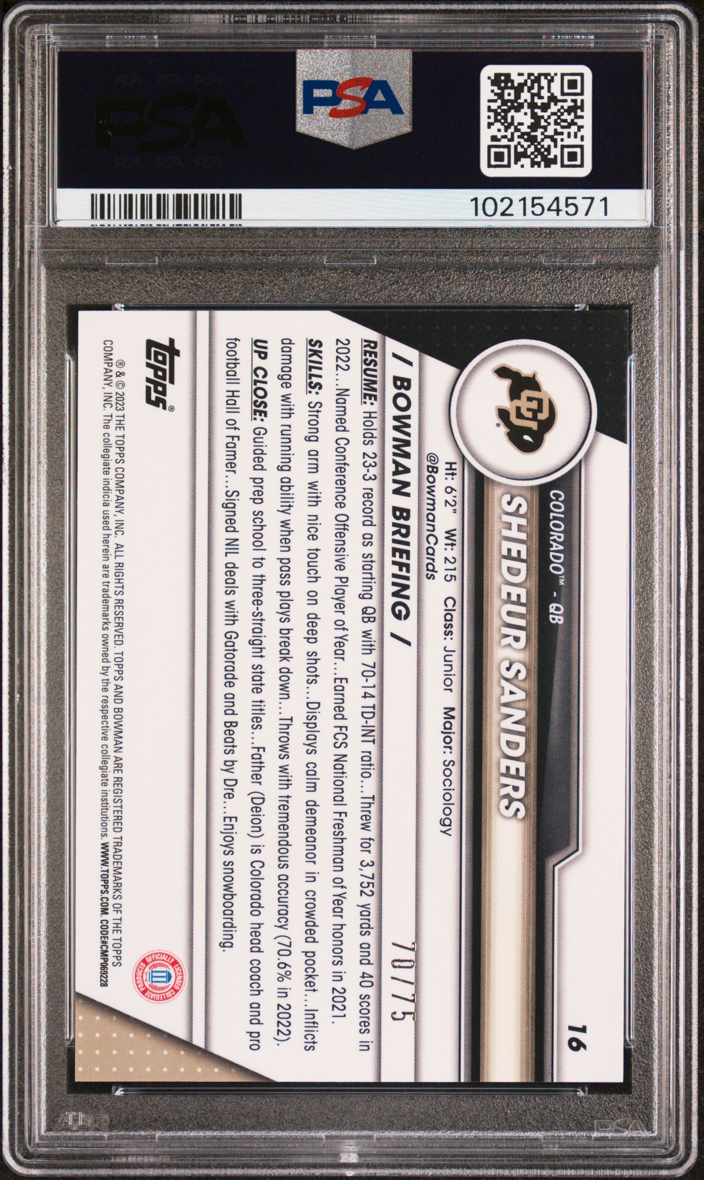 2023 Bowman University Shedeur Sanders Sapphire Chrome Yellow #15 /75 PSA 10