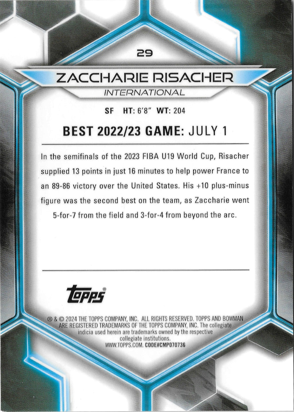 2023-24 Bowman U Best Zaccharie Risacher #29 Geometric Gold /50