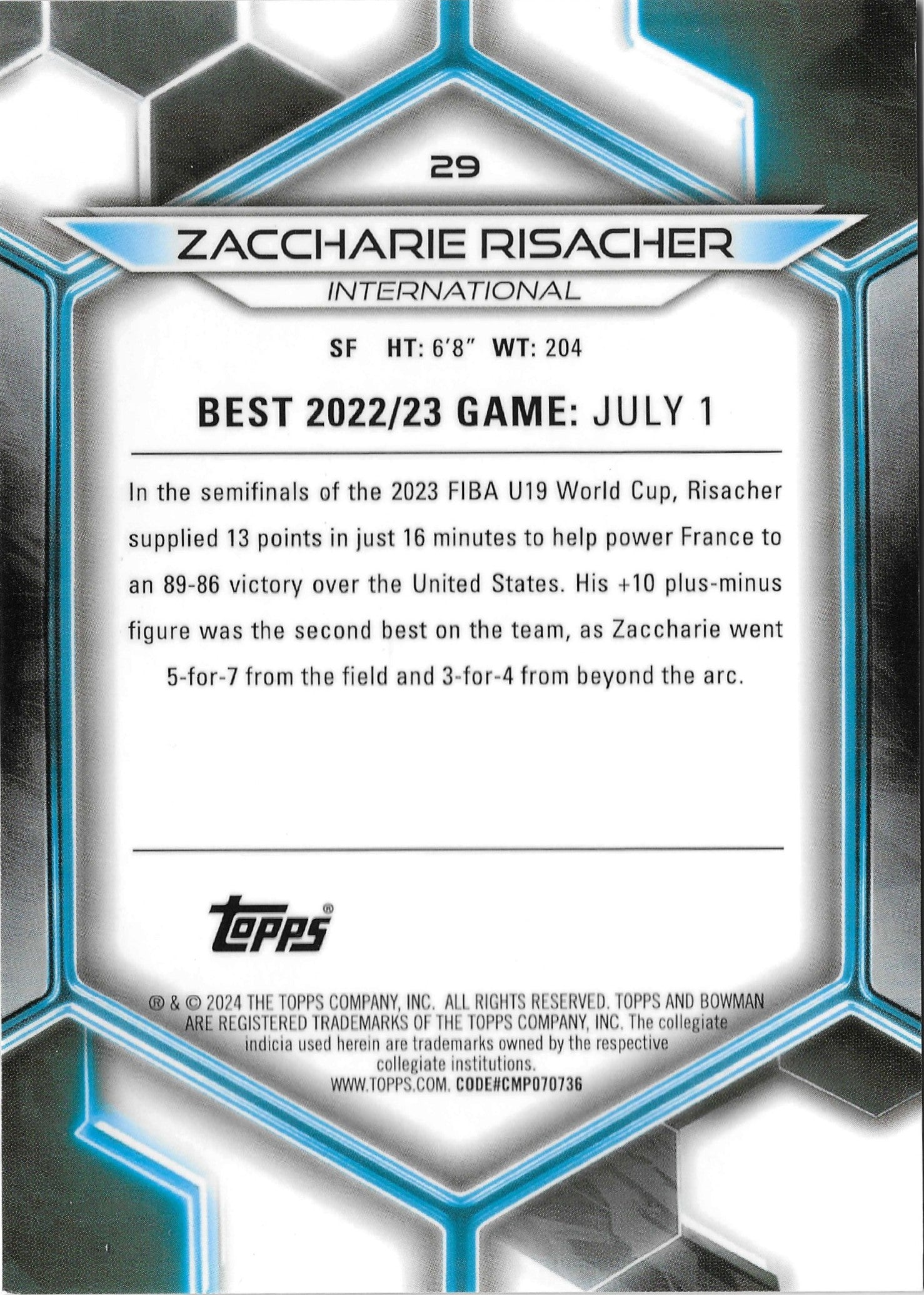 2023-24 Bowman U Best Zaccharie Risacher #29 Geometric Gold /50